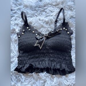 Chic Black Camisole with Bow and Pearl Accents